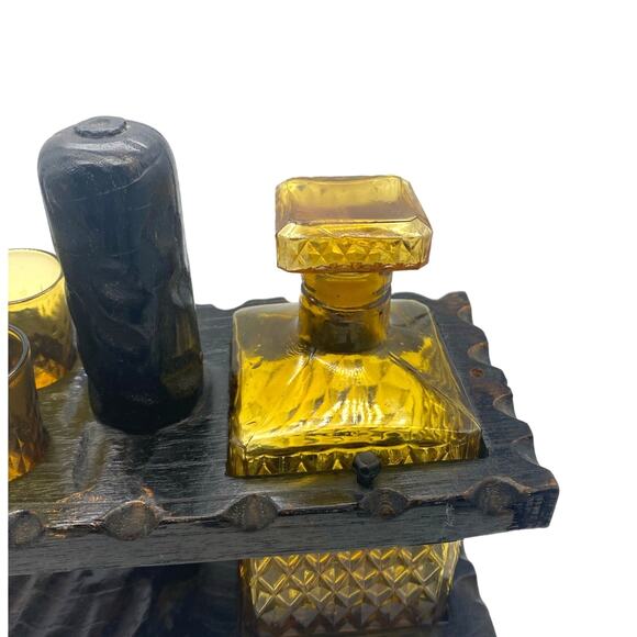 Vintage Mid=Century Amber Diamond cut Decanter and Glasses Dark Wood‎ Caddy - Picture 2 of 8